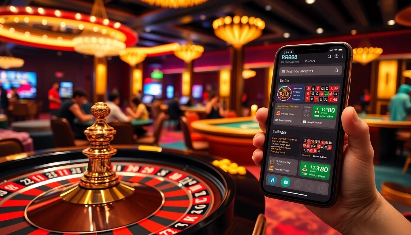 RR88 online casino interface with vibrant poker chips and roulette wheel gameplay.