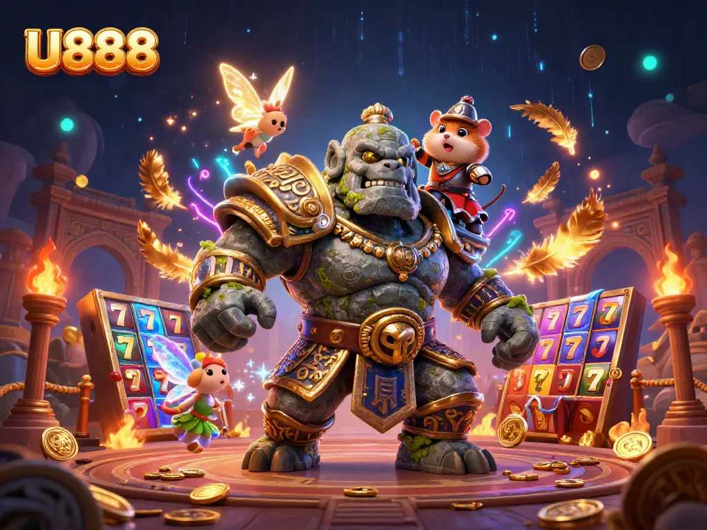 Experience thrilling wins with U888 as a stone golem guardian, fairy, and hamster knight in a vibrant slot game.
