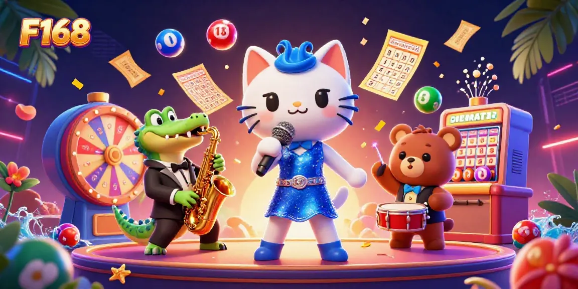 Catch the excitement of F168 with a jazz-singer cat and friends at a vibrant casino stage.