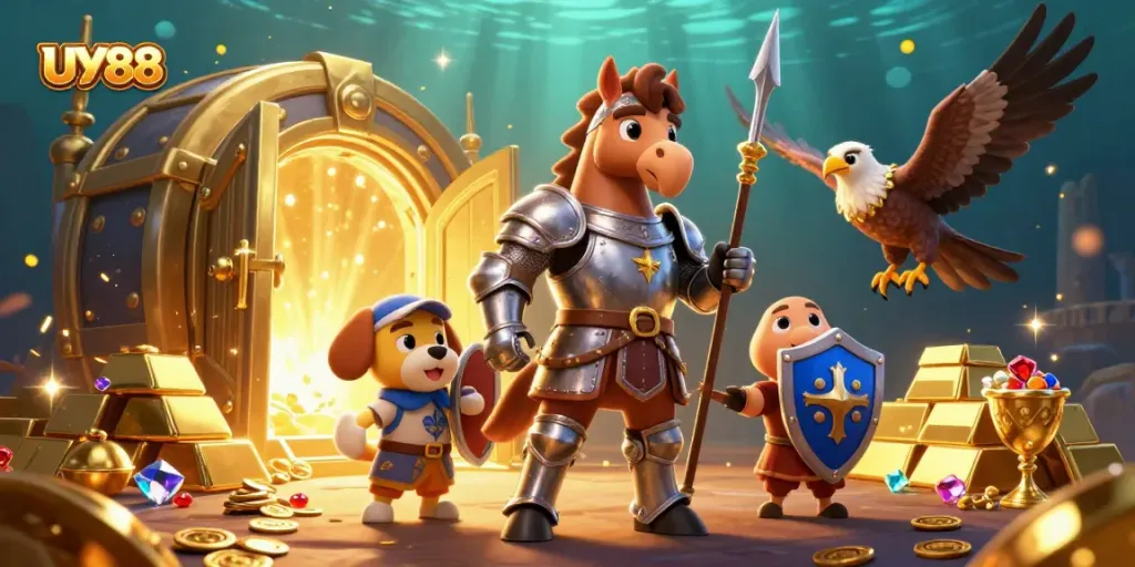 Experience thrilling gameplay at UY88 with a vibrant 3D illustration of medieval characters and treasures!