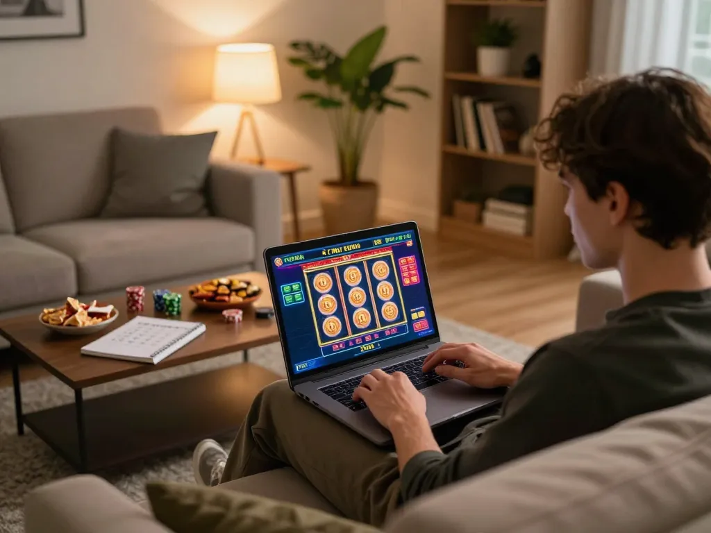 Engaging online gaming experience at home with 8K8 Rest, showcasing vibrant slot screen and cozy atmosphere