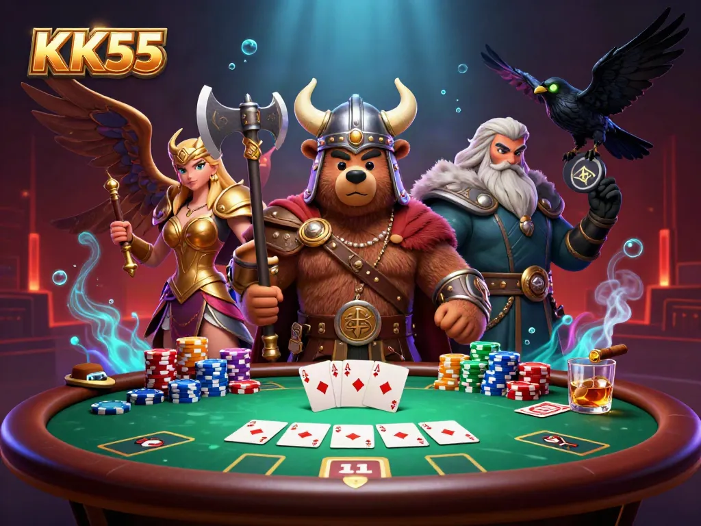 Engage with thrilling KK55 casino action, featuring a Viking bear and Valkyrie eagle amidst a poker scene.