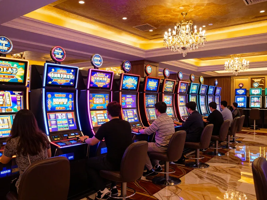 Exciting gaming experience at the 壹發娛樂 slot machine area with vibrant lights and players engaged.