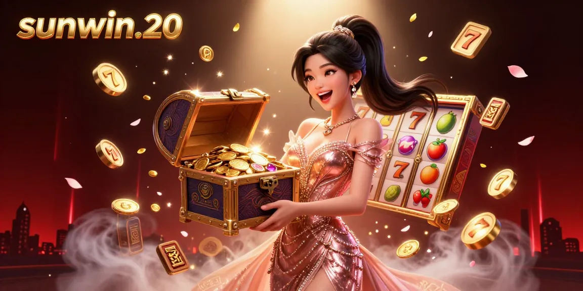 Experience sunwin.20's thrilling jackpot excitement with vibrant slot reels and treasure elements.