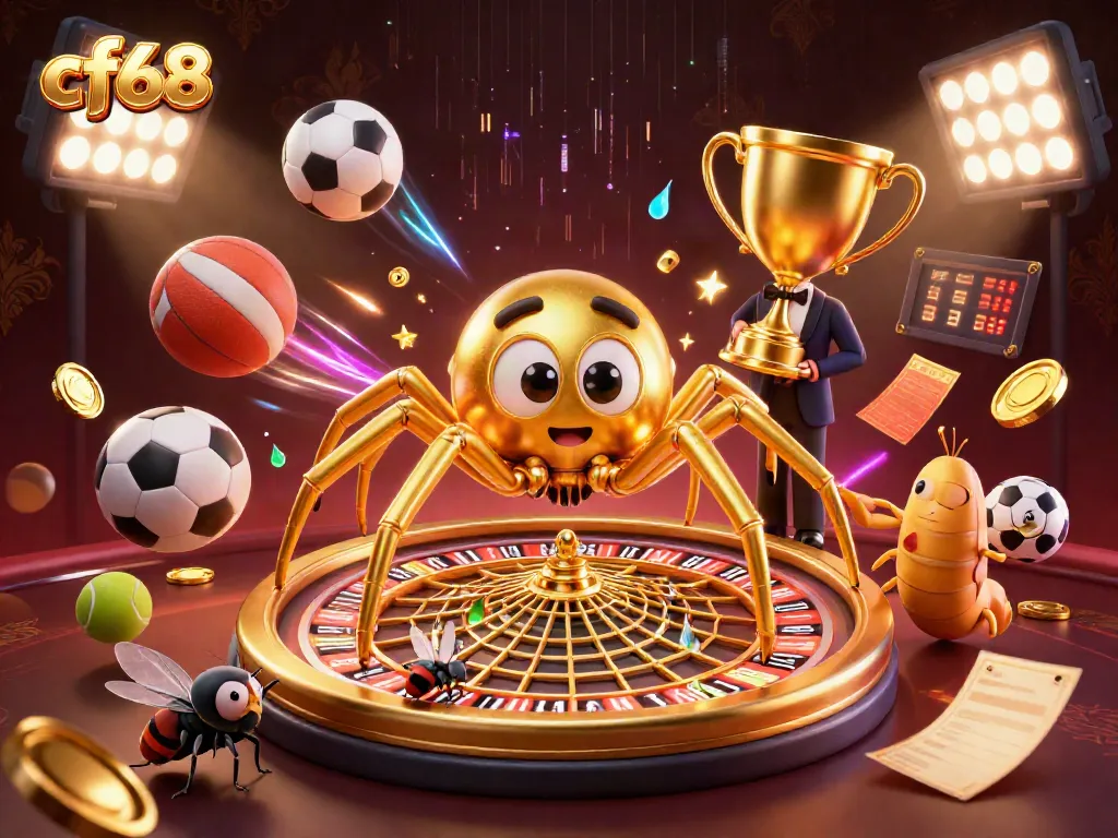 Experience thrilling gambling at cf68 with dynamic elements like a roulette wheel, sports balls, and vibrant visuals.