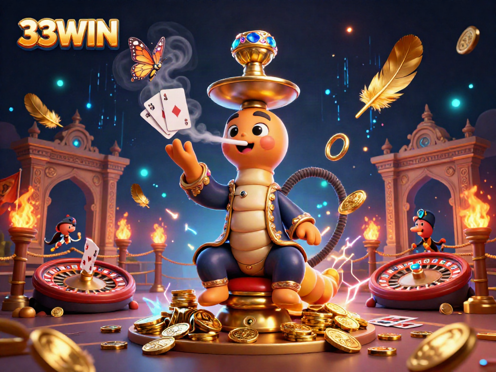 Engage with 33WIN's vibrant live casino scene featuring a unique caterpillar master and dynamic gaming elements.
