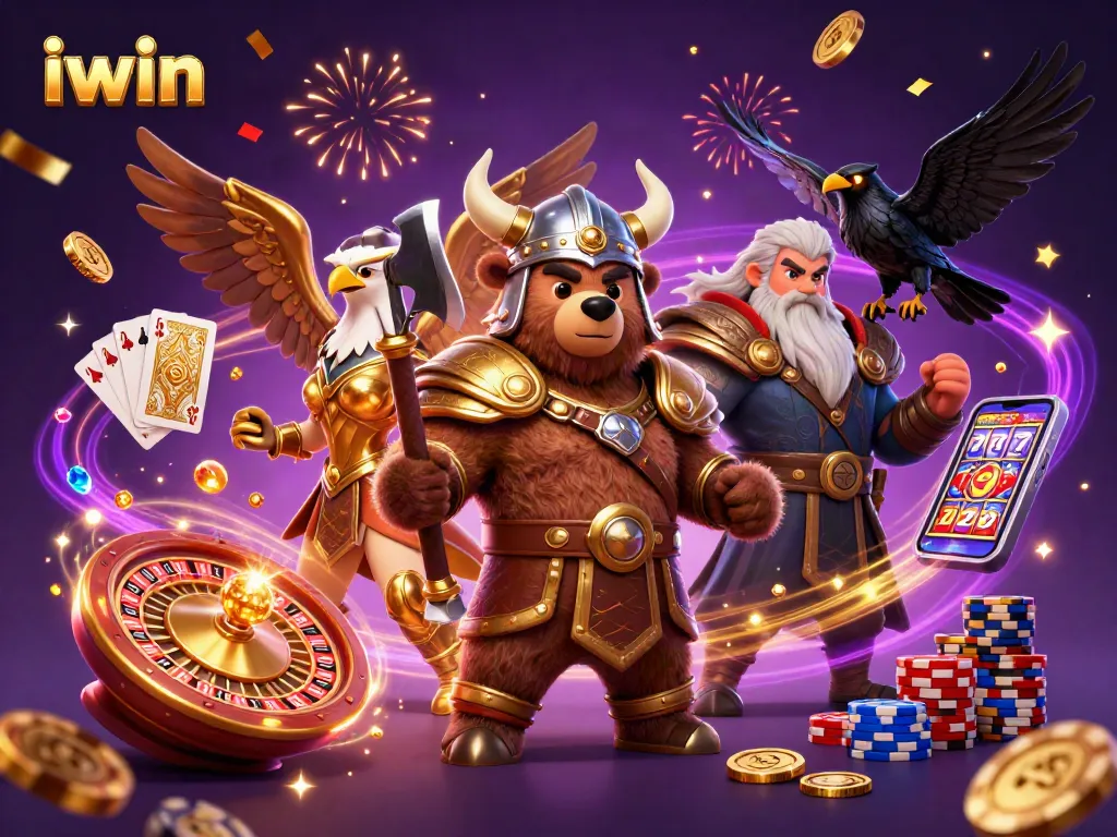 Win big with iwin in this dynamic casino scene featuring a Viking bear and Valkyrie eagle.