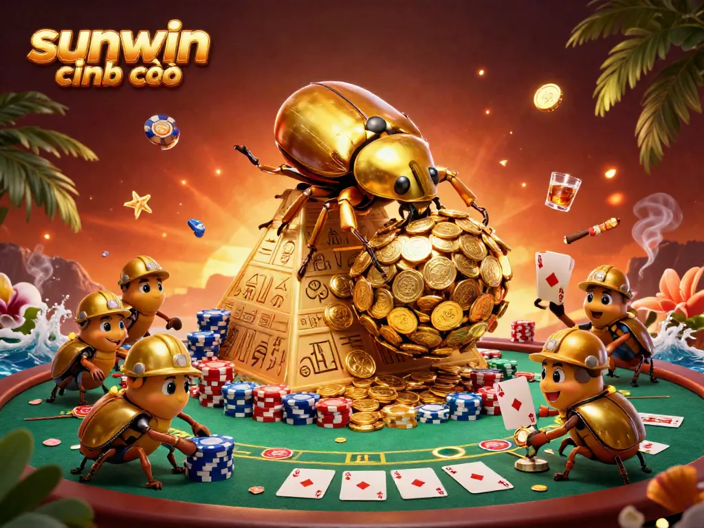 Engage in thrilling gameplay with sunwin chính thức, featuring a golden beetle pushing coins surrounded by vibrant casino elements.