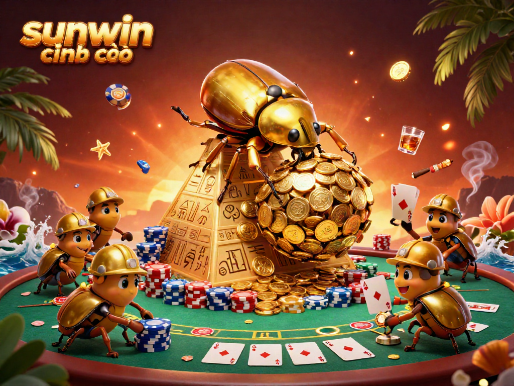 Engage in thrilling gameplay with sunwin chính thức, featuring a golden beetle pushing coins surrounded by vibrant casino elements.