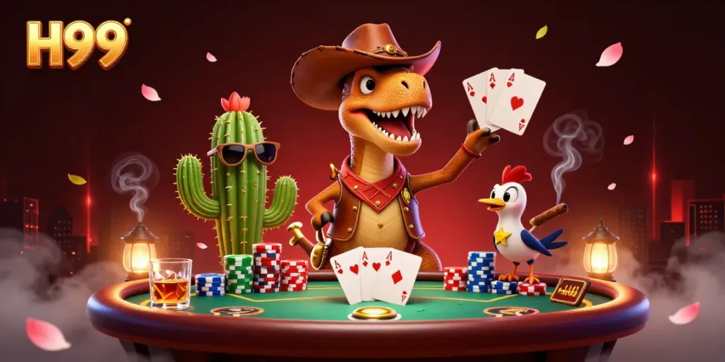 H99 casino scene with a cowboy dinosaur, poker action, and vibrant details.