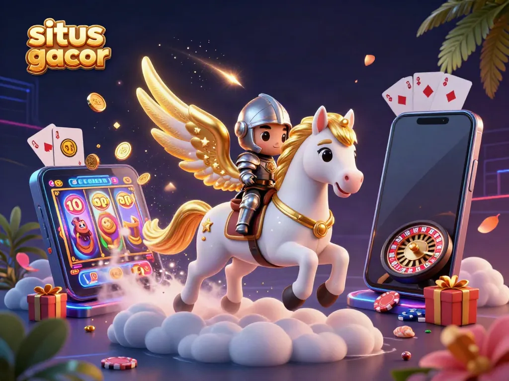 Experience the excitement of situs slot gacor with a vibrant fantasy scene of a celestial horse and knight amidst slot games.