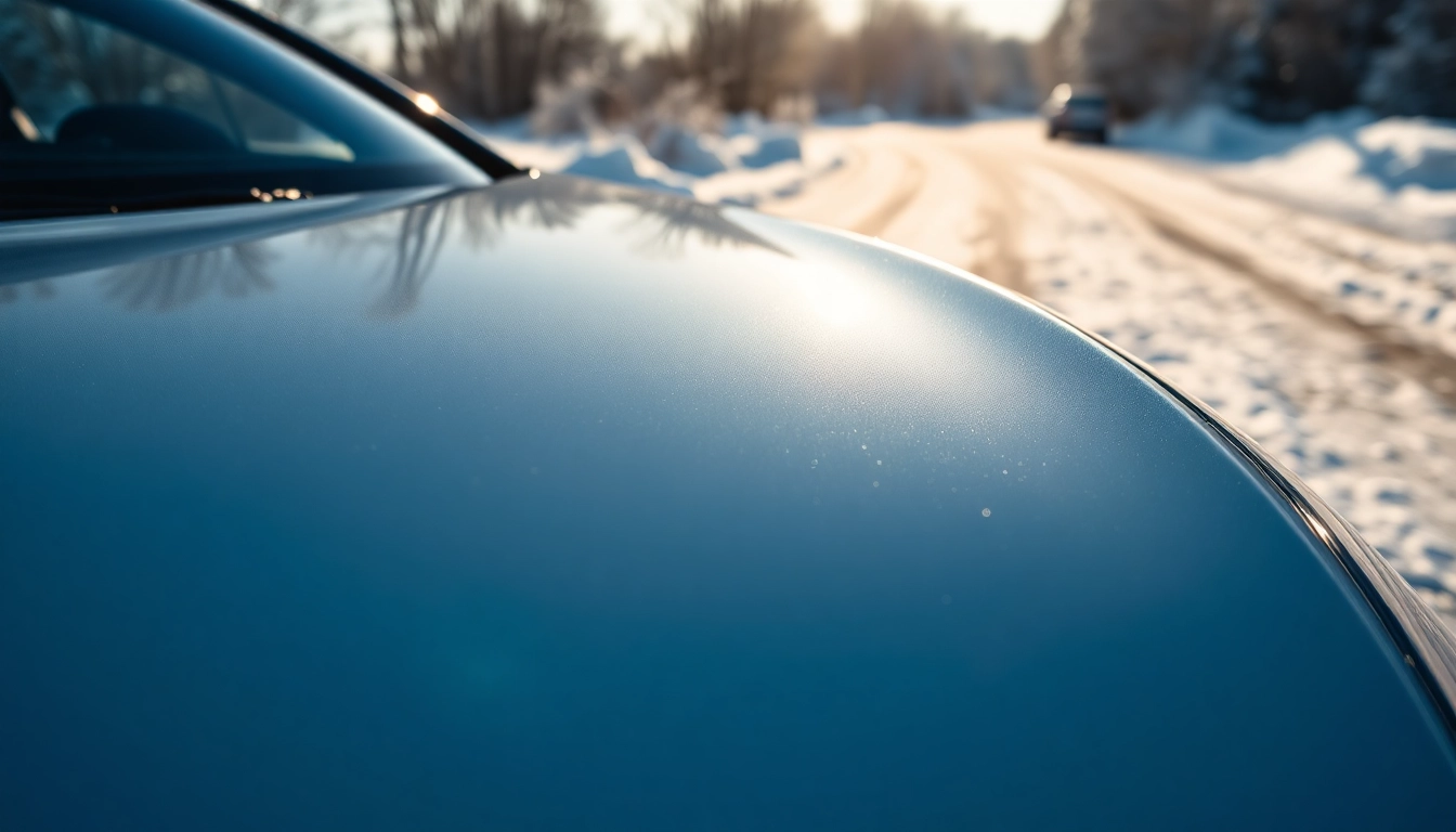 PPF winter road salt protection visible on a car's surface in a snowy environment.