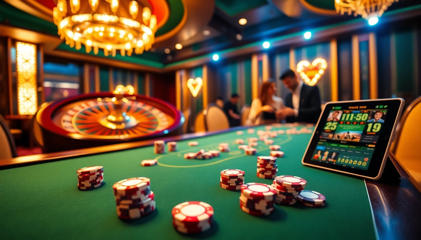 KP88 players engaging in a vibrant casino setting with poker chips and a roulette wheel, highlighting excitement.