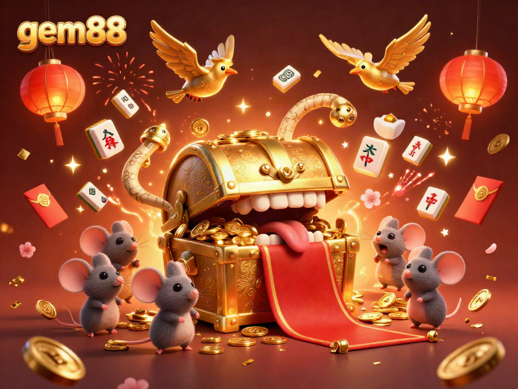 Experience the rich rewards of gem88 as adventurer mice seek treasures from a golden chest amidst vibrant casino elements.
