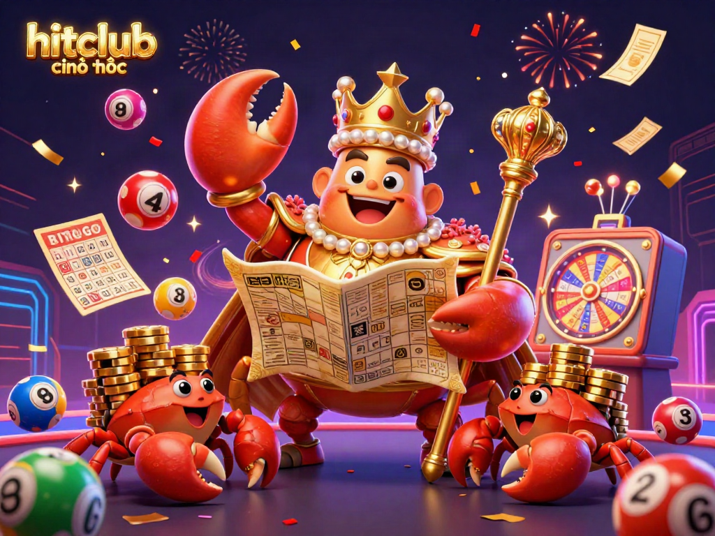 Experience the excitement of hitclub chính thức with a golden crab emperor and vibrant casino elements in a dynamic scene.