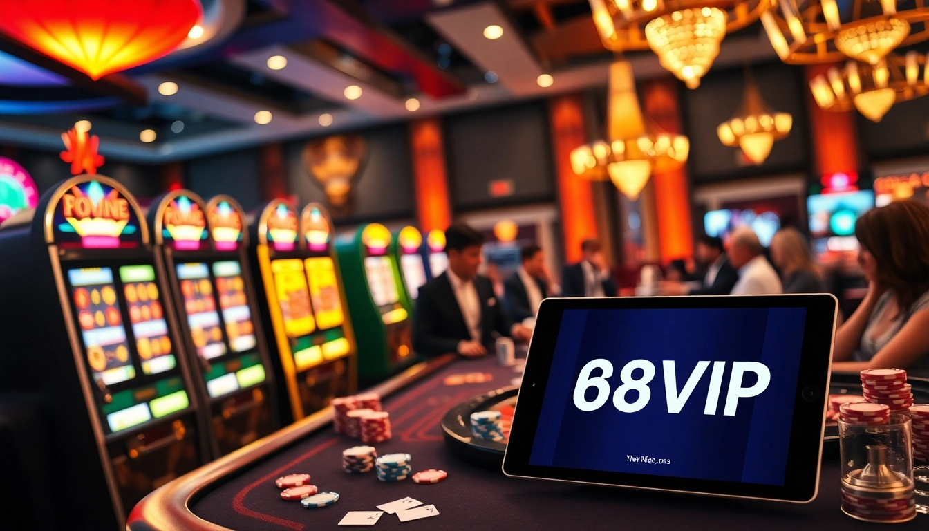 Experience the thrill of 68VIP casino gaming with players at a live table and engaging slot machines.