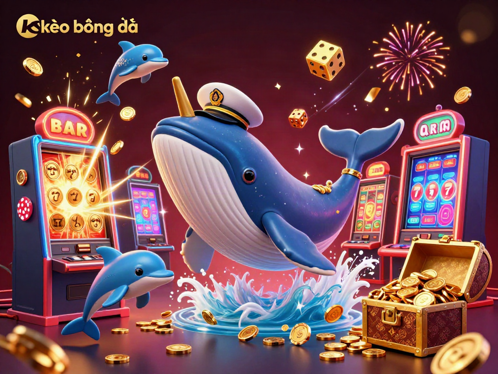 Experience kèo bóng đá with a vibrant 3D scene of a captain whale and casino-themed elements, bursting with excitement.