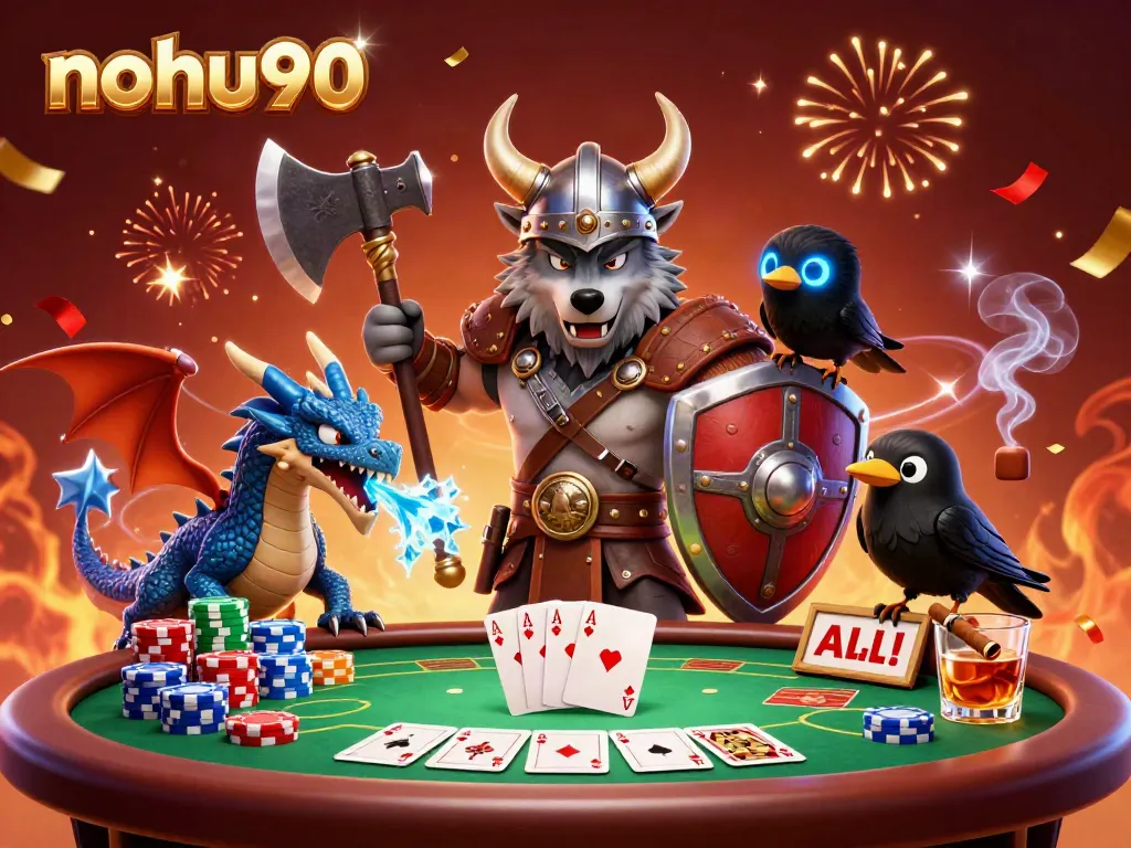 Engage in thrilling gameplay at nohu90 with a Viking wolf warrior, dragon, and raven enjoying poker.