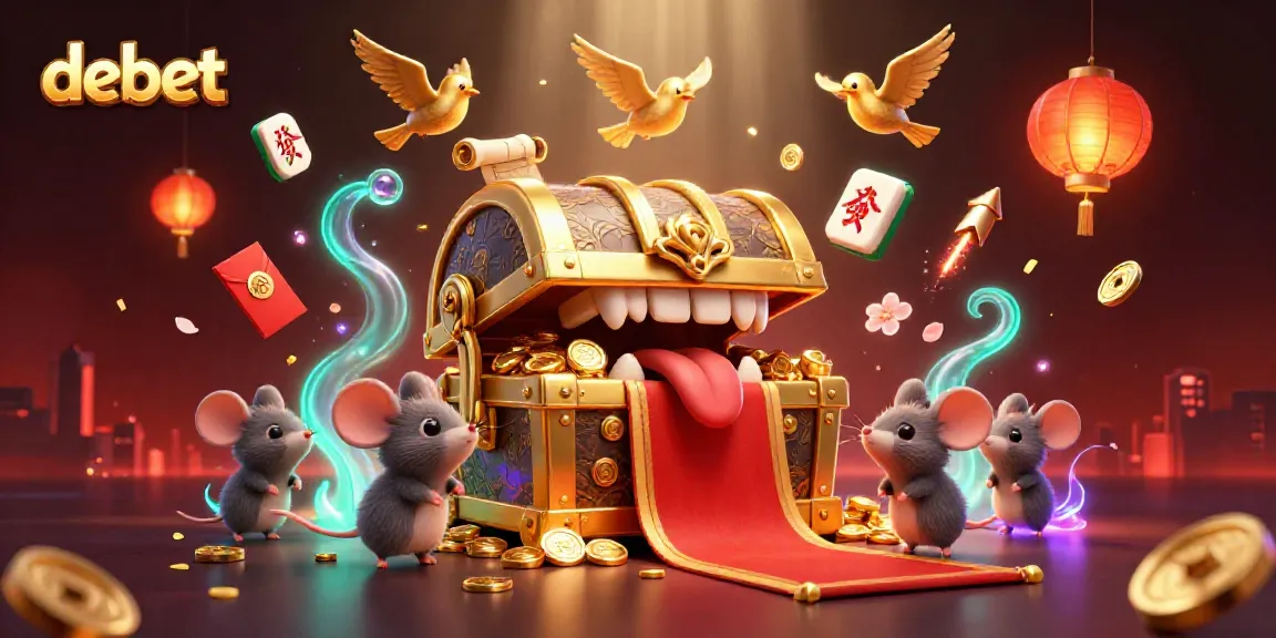 Experience the thrill at debet with a 3D treasure chest luring adventurer mice amidst dazzling casino elements.