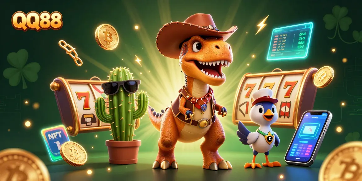 Engage with QQ88 for dynamic slot games featuring a cartoon dinosaur, cactus, and vibrant casino elements.