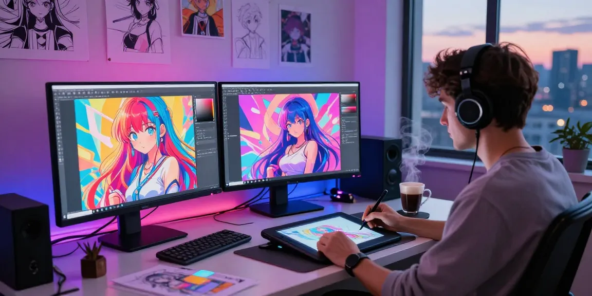 Artist creating AI ecchi art in a futuristic workspace with vibrant illustrations and dual monitors.