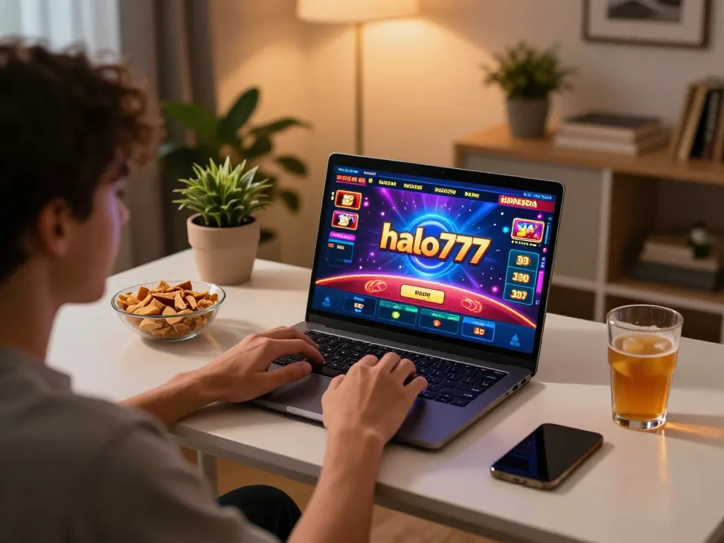 Orang yang menikmati permainan online di platform halo777 dengan pengaturan nyaman, grafis kasino yang cerah