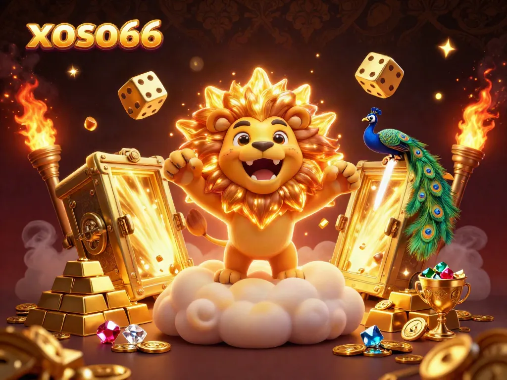 Experience the thrill of winning on xoso66 with a vibrant 3D casino-themed illustration featuring iconic symbols and characters.