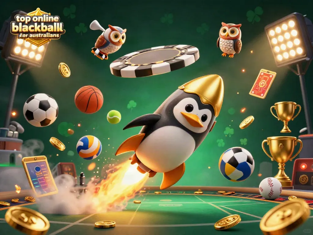 Play top online blackjack for Australians with exciting casino-themed 3D art featuring a golden penguin and vibrant elements.