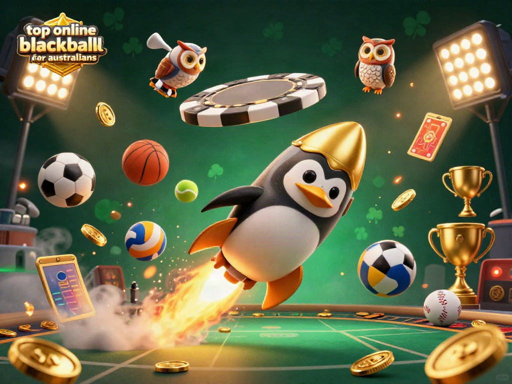Play top online blackjack for Australians with exciting casino-themed 3D art featuring a golden penguin and vibrant elements.