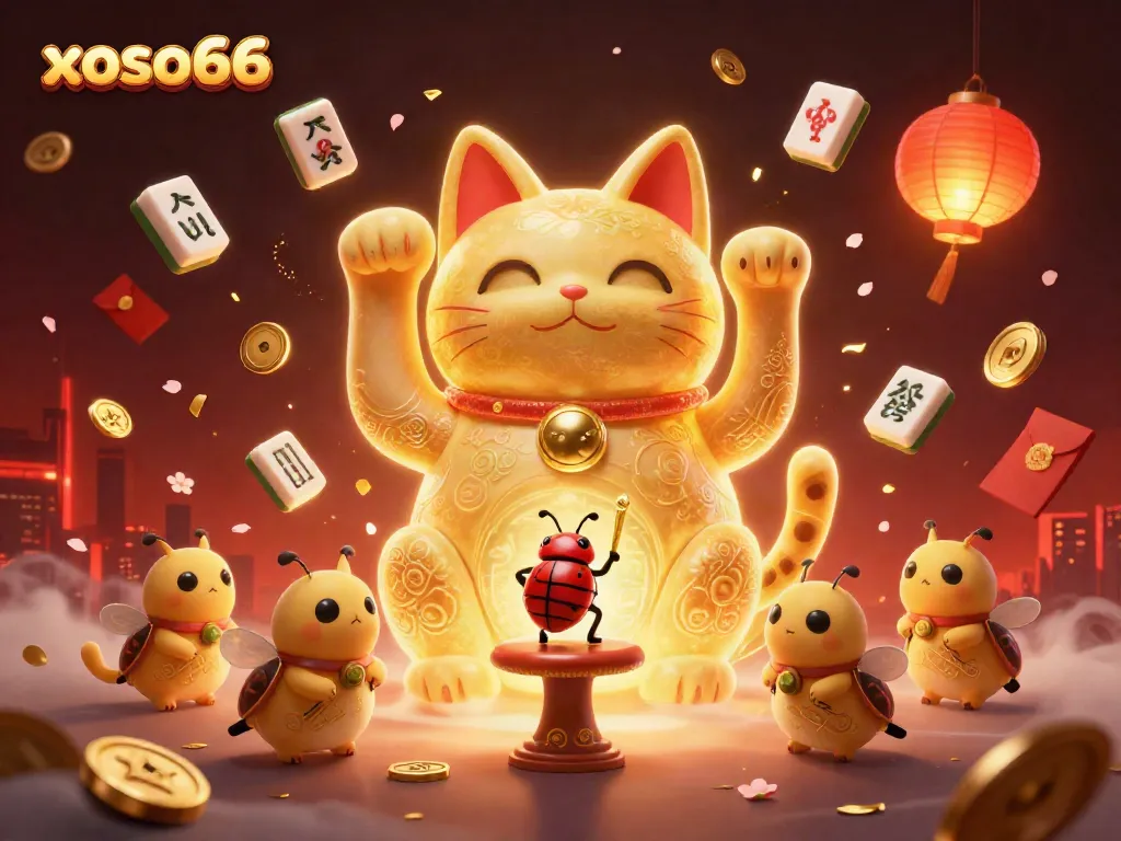 Xoso66 players enjoy thrilling games in a vibrant 3D illustration featuring lucky symbols and festive elements.