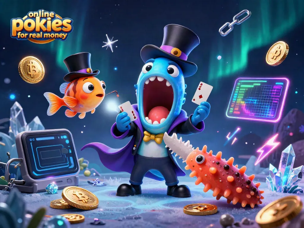 Engage in online pokies for real money with a magical scene featuring a bioluminescent eel, anglerfish, and sea cucumber.