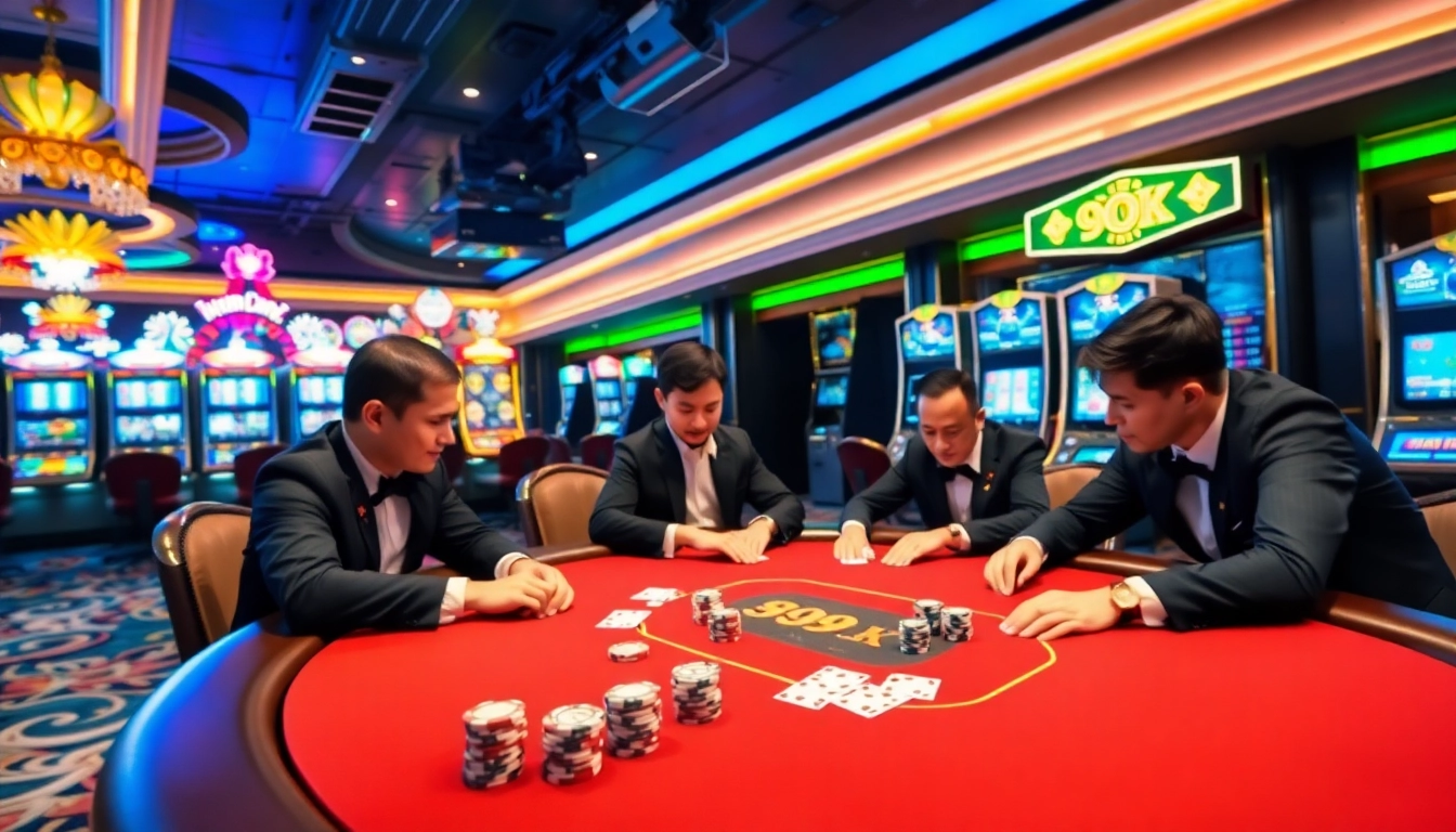 Exciting gaming experience at 99OK trang chủ with professional poker players and vibrant slot machines.