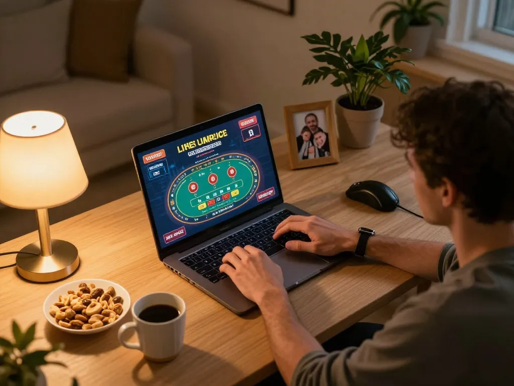 mm88 user enjoying live casino games at home with cozy ambiance and snacks on the desk