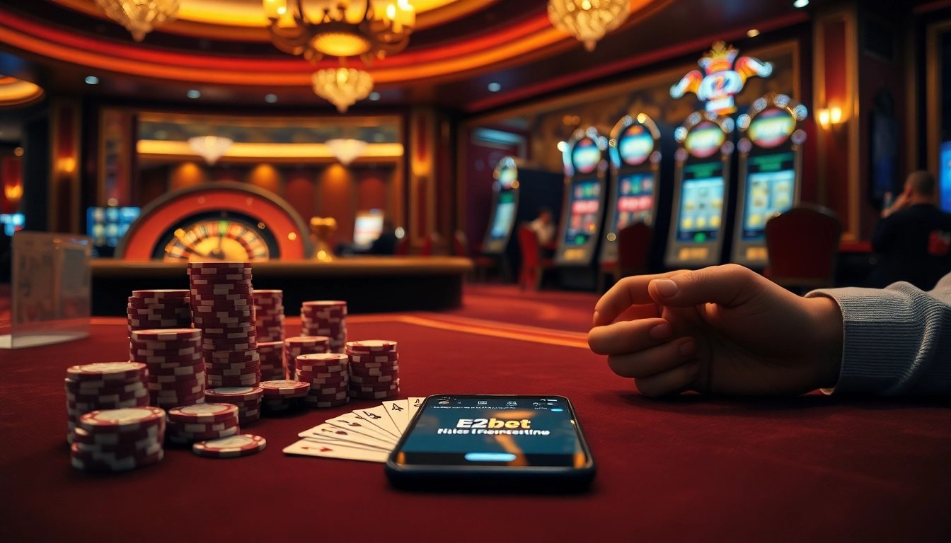 E2bet casino table showcasing poker chips and cards in an opulent setting.