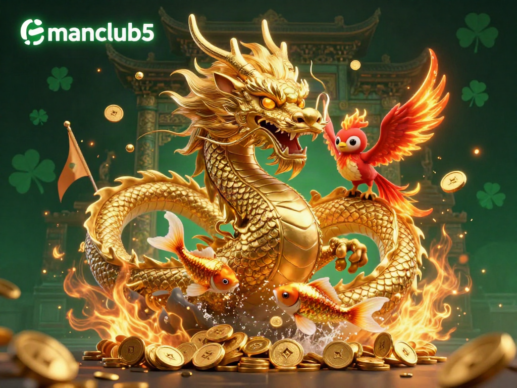 Experience thrilling gameplay with manclub5, featuring a powerful dragon, phoenix, and koi fish in an exciting casino scene.