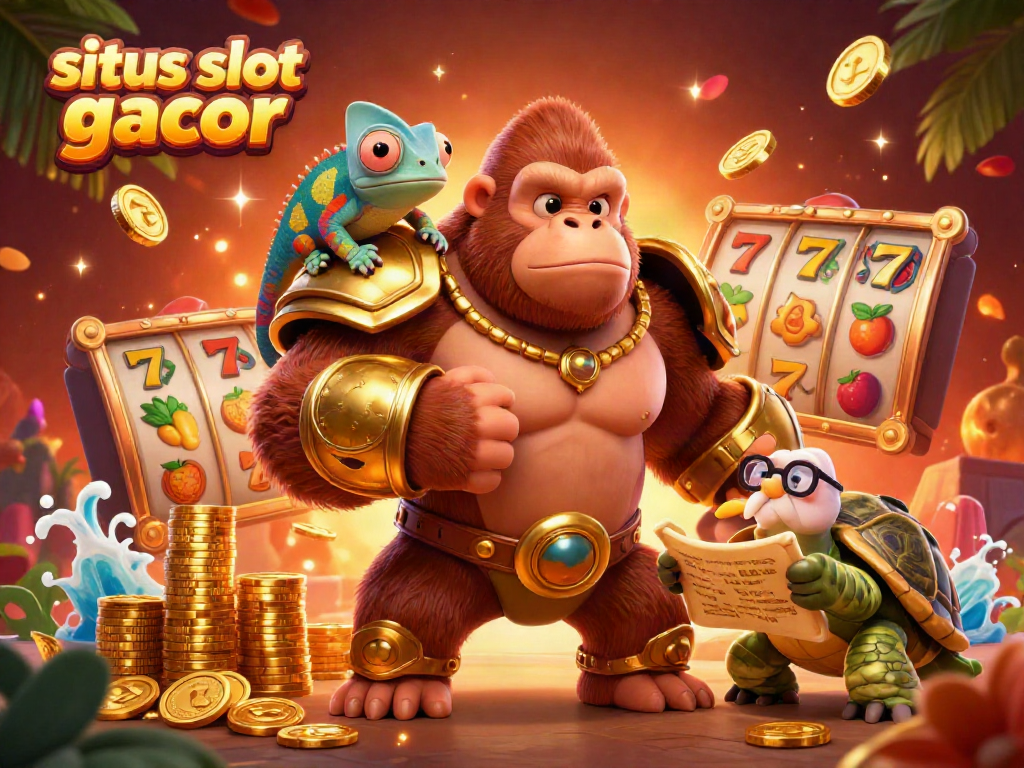An illustration of a powerful gorilla king, chameleon, and tortoise amidst vibrant slot machines showcasing situs slot gacor features.