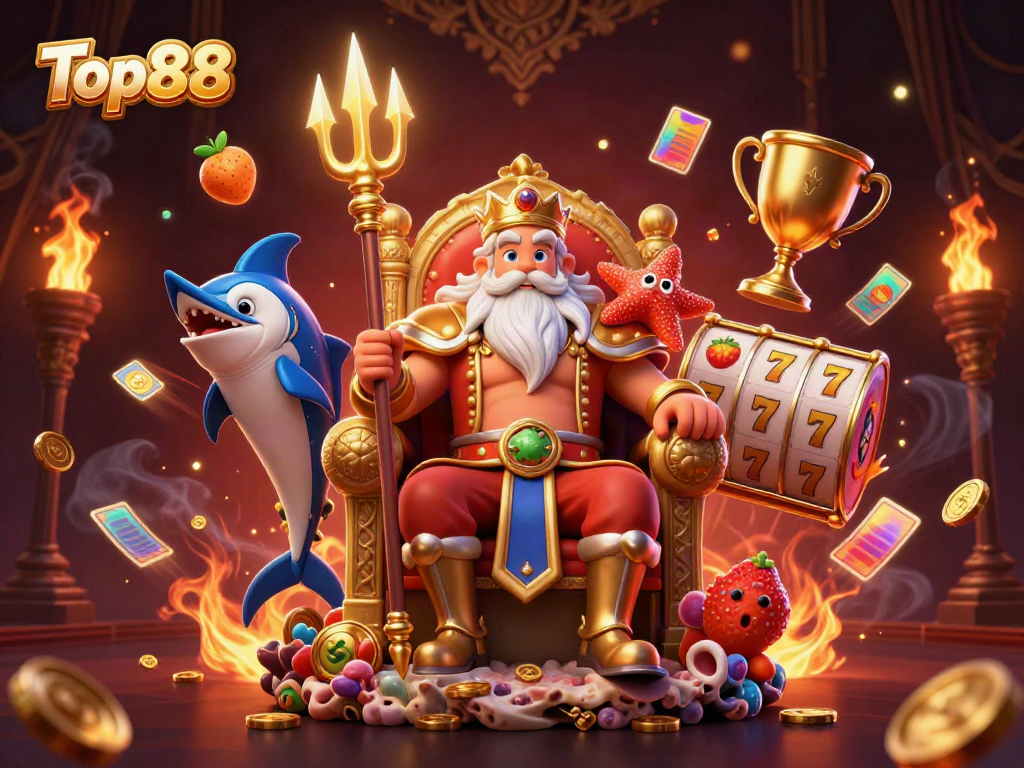 Top88 casino scene with Neptune and gaming elements showcasing vibrant atmosphere and action.