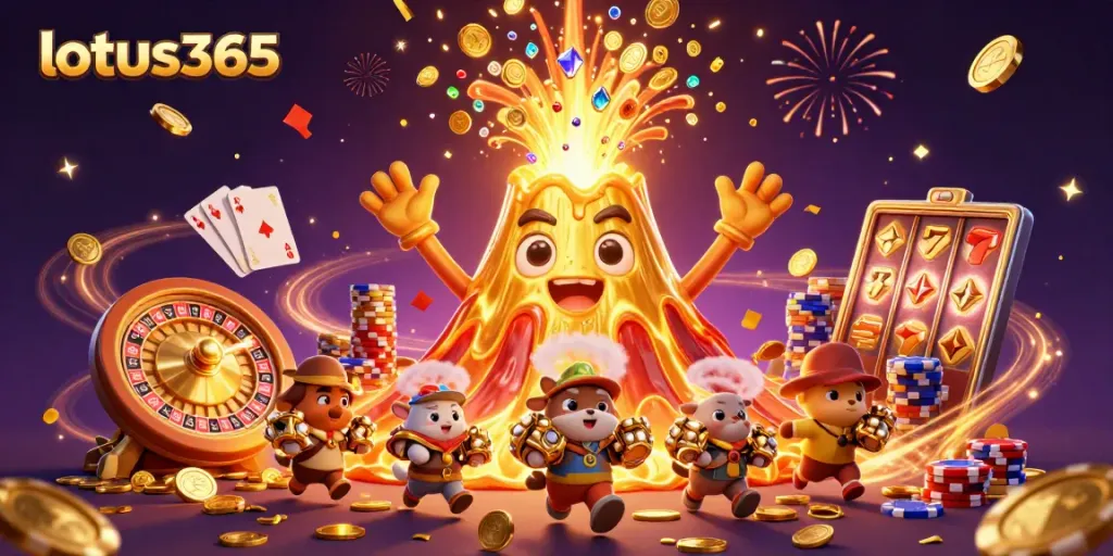 Join the excitement at lotus365 with a golden volcano erupting coins amidst casino frenzy.