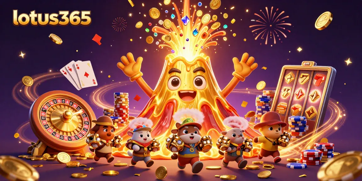 Join the excitement at lotus365 with a golden volcano erupting coins amidst casino frenzy.
