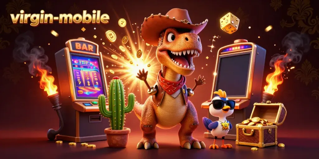 Experience thrilling wins with virgin-mobile in this dynamic 3D casino scene featuring a cowboy T-Rex!
