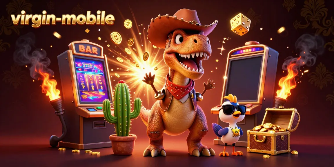 Experience thrilling wins with virgin-mobile in this dynamic 3D casino scene featuring a cowboy T-Rex!