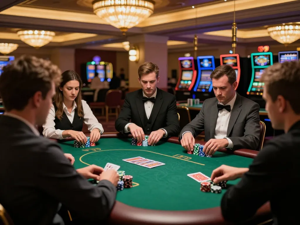rik vip players engaging in a thrilling poker game at a luxurious casino table with chips and cards visible