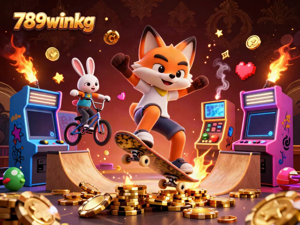 Engage with thrilling gameplay at 789winkg while witnessing a skateboarder fox and BMX rabbit in a vibrant casino setting.