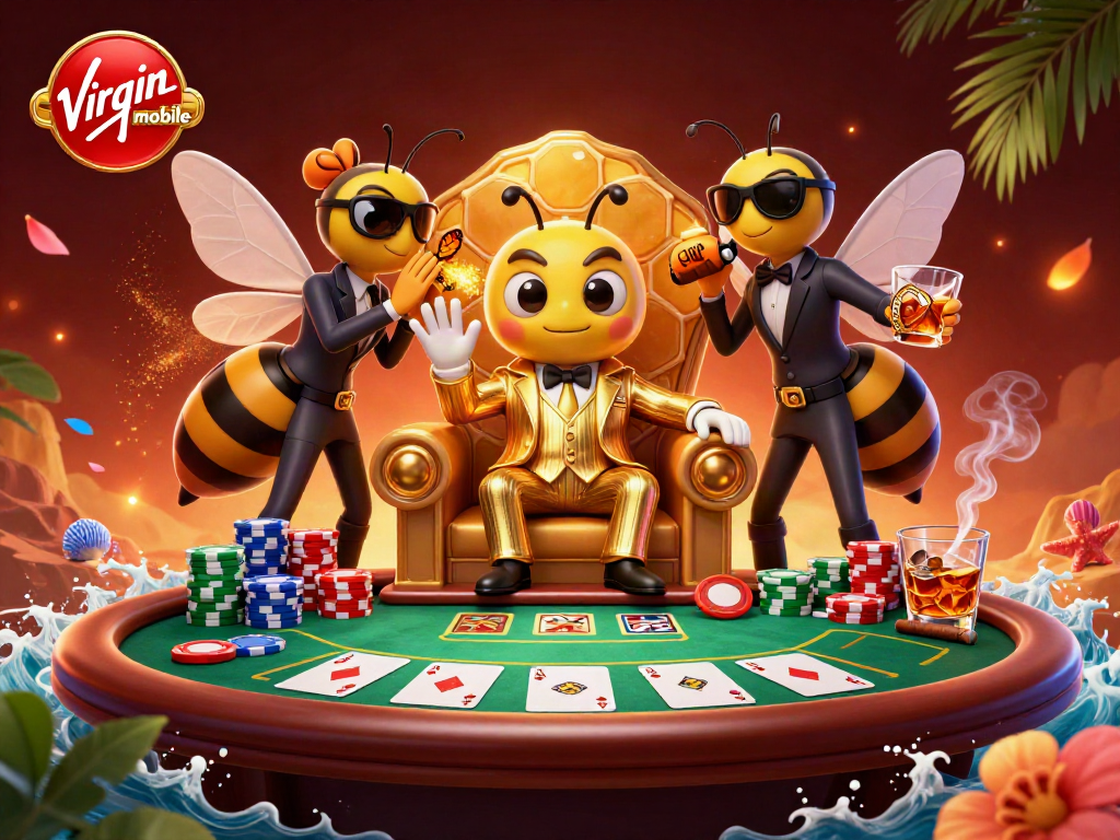 Engage in vibrant casino action with virgin-mobile featuring a bumblebee mob boss and poker elements.
