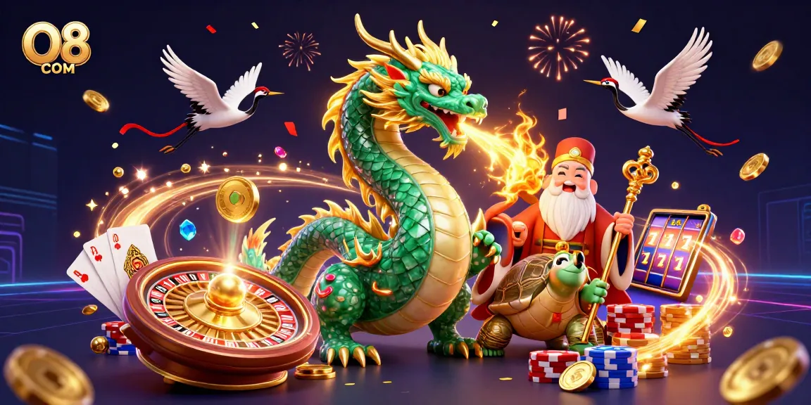 Experience the vibrant energy of O8 COM with golden coins and a majestic dragon in the casino.