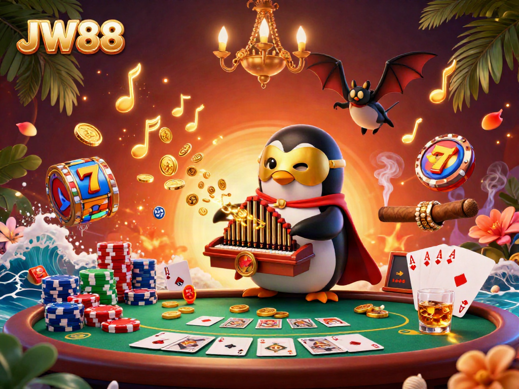 JW88 casino scene showcasing a playful penguin and striking visual elements in vibrant colors