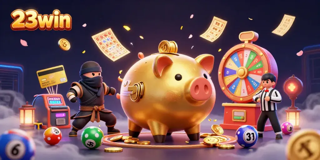 Experience thrilling wins at 23win with the energetic scene of gold coins, colorful lottery balls, and animated characters.