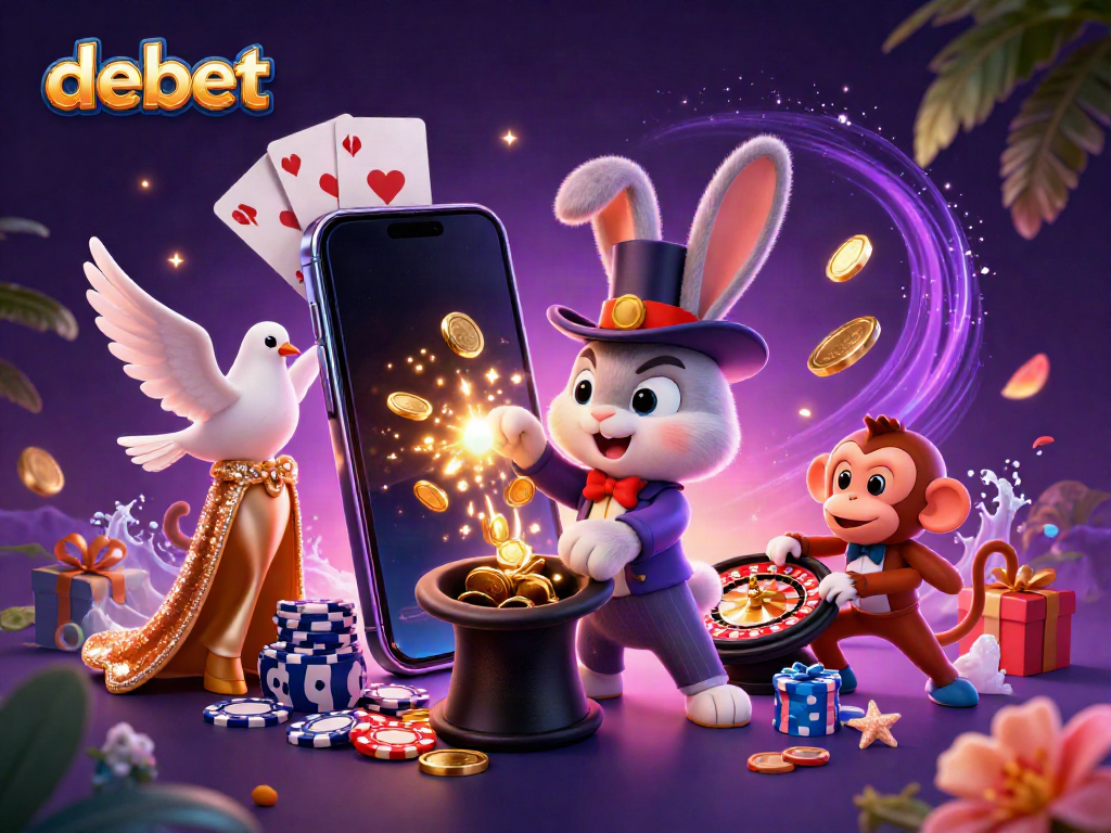 Experience thrilling casino magic with debet as a rabbit conjures coins and poker chips.