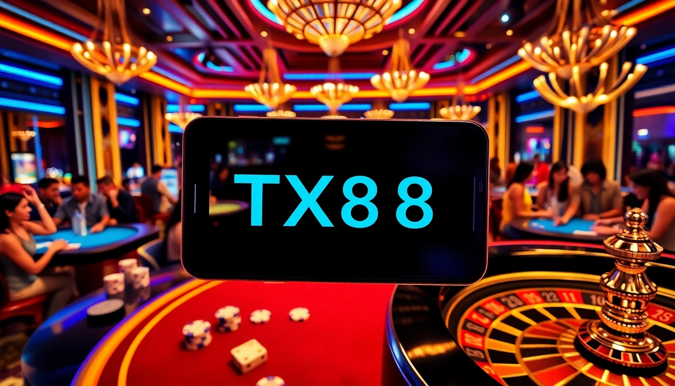 Experience the thrill of the TX88 App amidst a luxurious casino setting with engaging games and excitement.