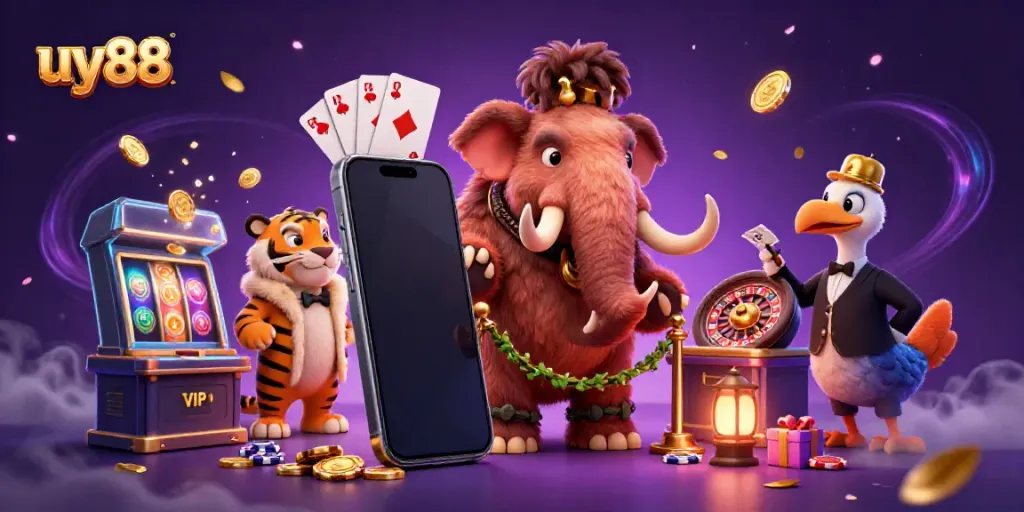 Experience the vibrant world of uy88 with an engaging scene of animated casino characters.